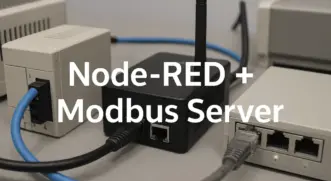 Illustration of an industrial data pipeline using Node-RED to host a Modbus Server, parse device registers, and forward telemetry to an MQTT broker.