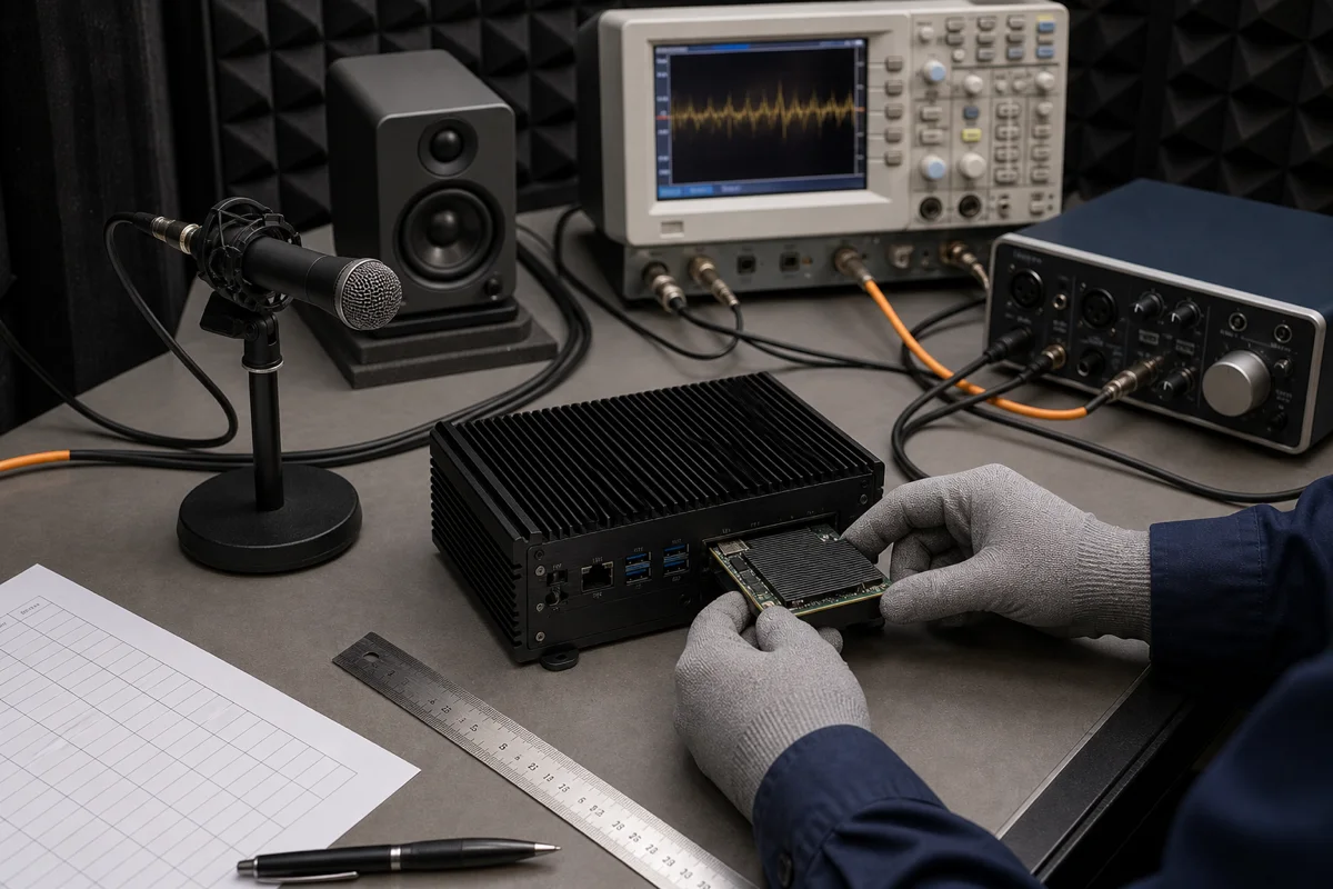 Instrumented voice AI acoustic test bench with microphone, edge compute box, speaker, and measurement equipment
