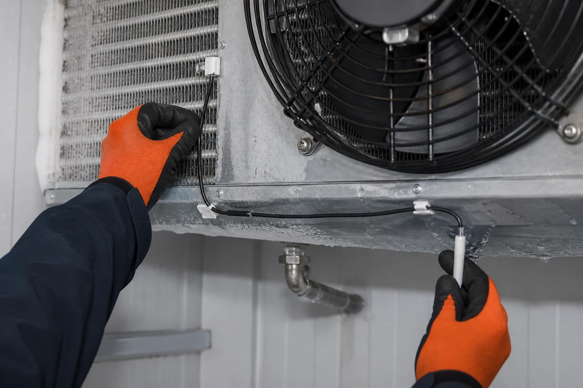 A technician inspecting evaporator fans and two temperature probes in a commercial cold room