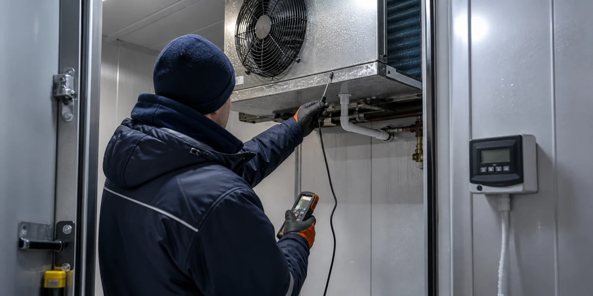 Refrigeration controller, evaporator, and service equipment in a commercial cold room