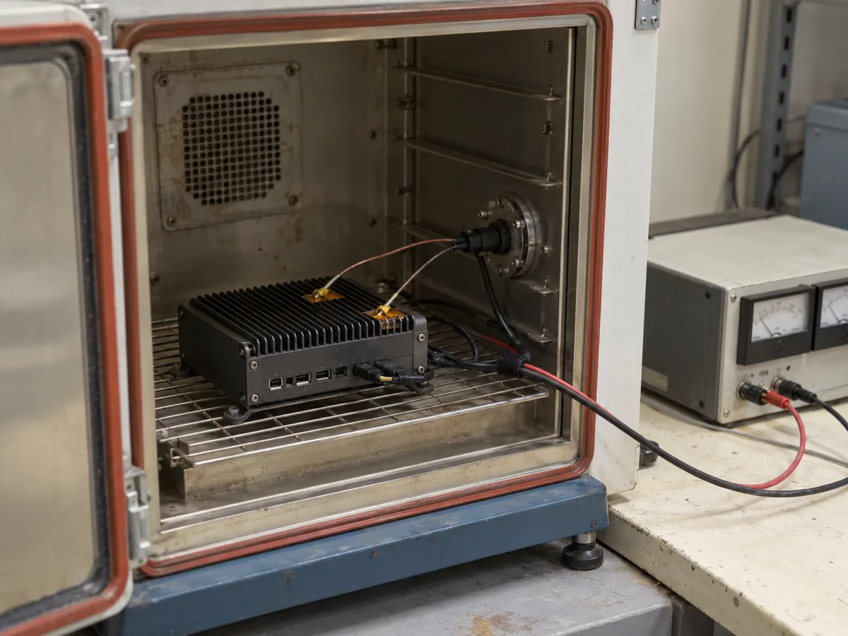 Illustrative edge device in an environmental test cabinet with temperature and power connections; this is not a measurement from this article