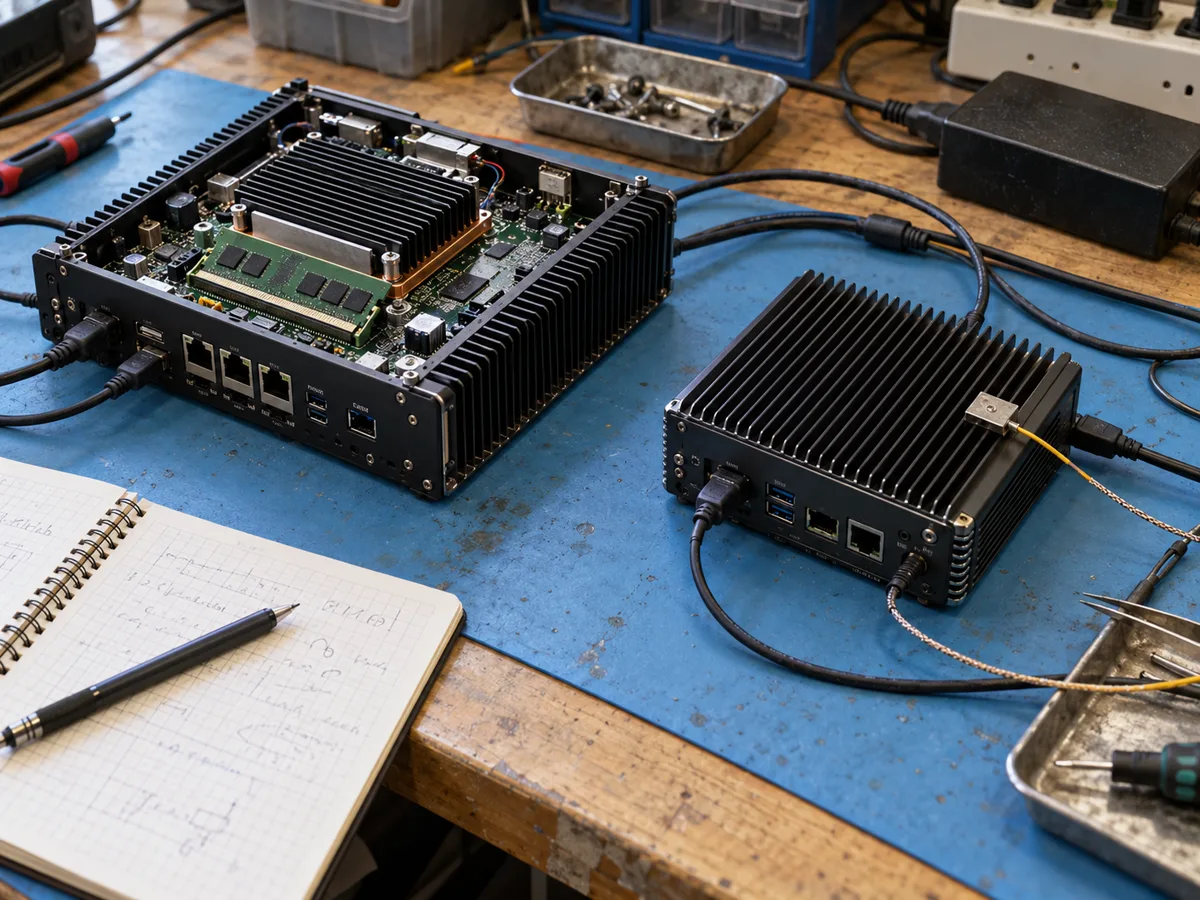 An open edge computer and a fanless enclosure at a hardware evaluation station, illustrating memory, cooling and power checks rather than a measured result