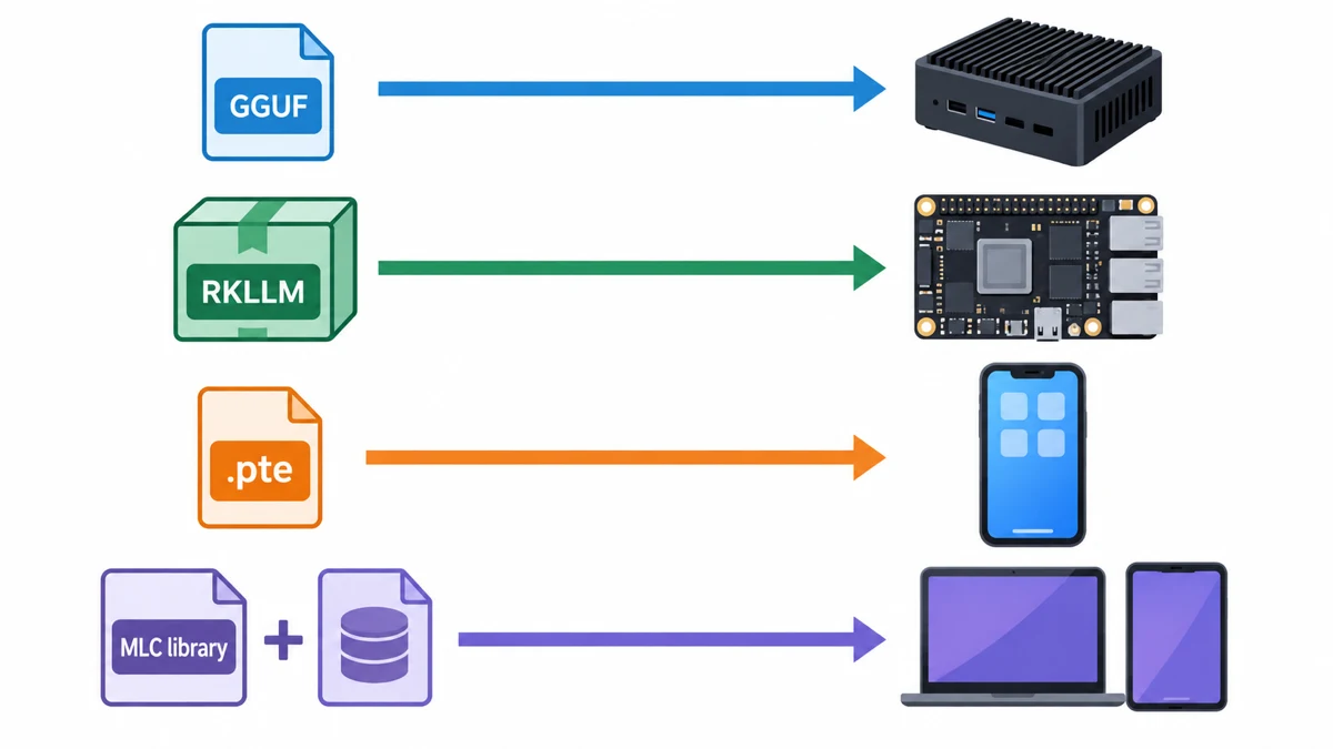 Four delivery artifacts lead to different target-device paths; the illustration does not establish compatibility for any specific model, backend and update duties follow in the table