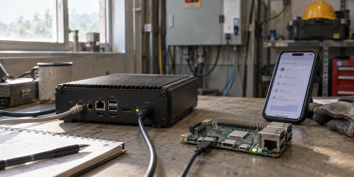 Gateway, embedded board and phone on a realistic workbench illustrating edge runtime targets, not benchmark evidence
