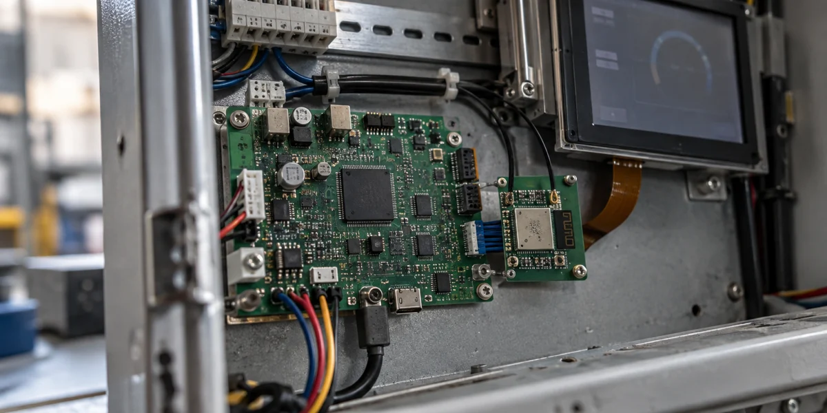 An embedded HMI controller board paired with a separate wireless companion module inside an industrial enclosure