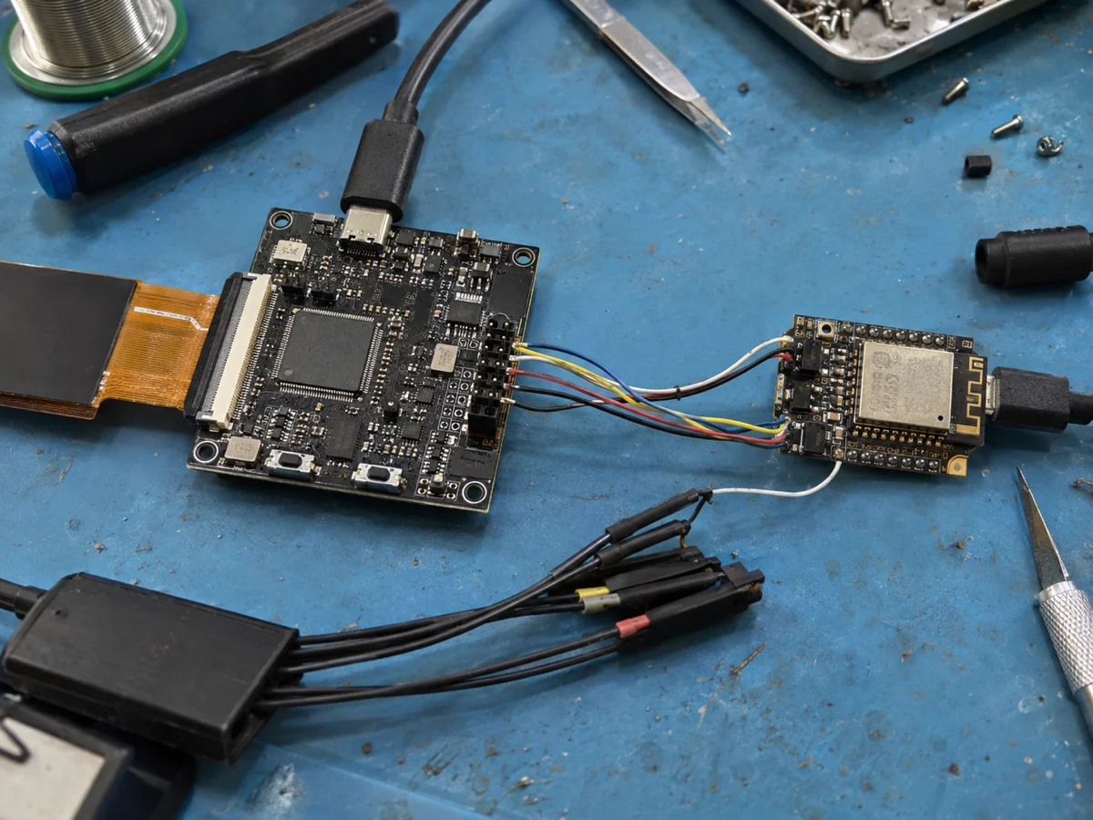 A P4-class host board and a smaller wireless co-processor board connected for transport and reset-timing validation with logic-analyzer probes