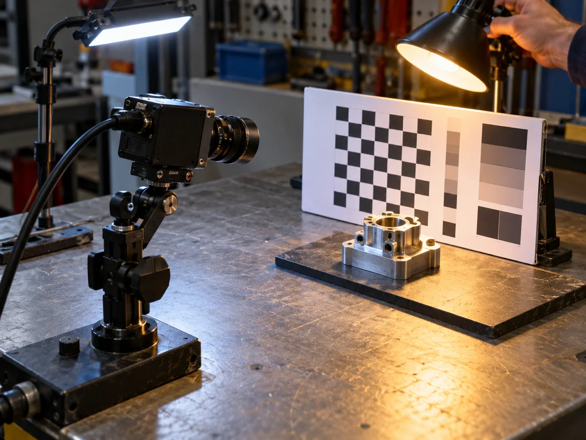 Illustrative camera, lighting, contrast card, and part used to explain input-condition checks; not an ESP32-P4 test result