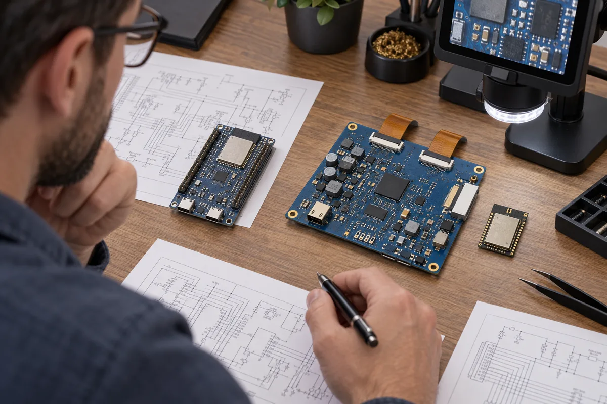 Conceptual illustration of reviewing a custom PCB, MIPI connectors and wireless module against reference schematics
