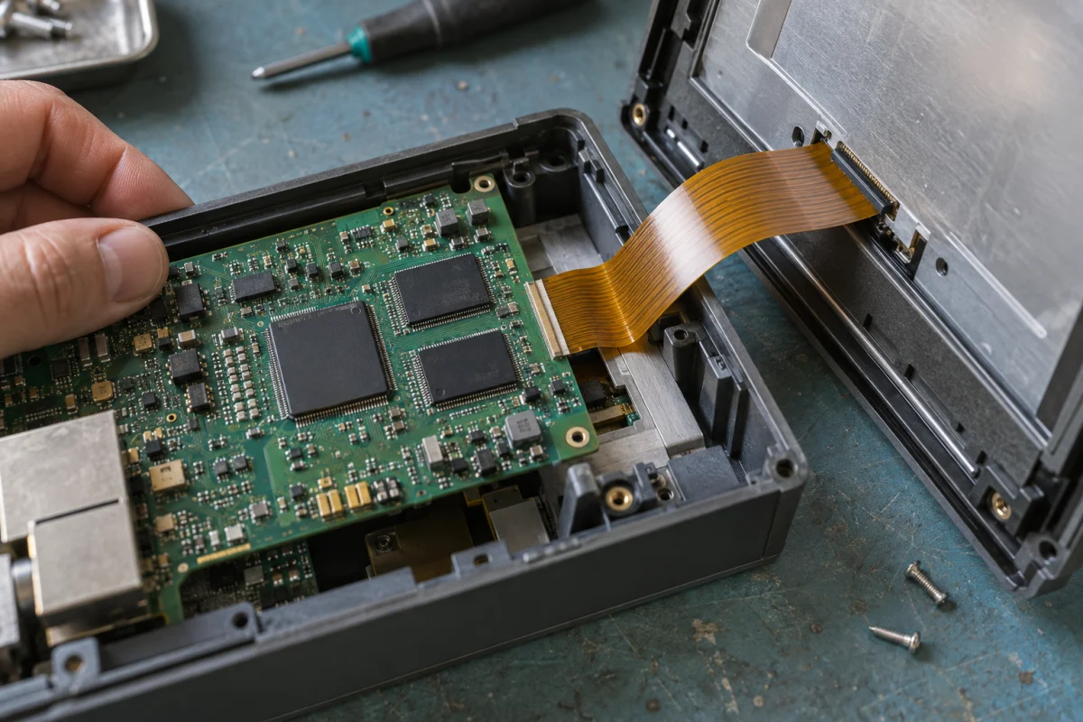 Illustrative HMI board, memory packages, and display flex cable; not a photograph of a tested target board