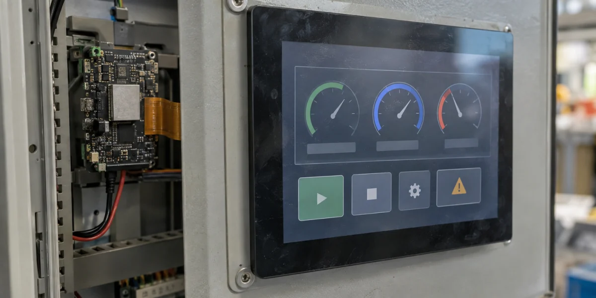 AI-generated HMI controller scene, not a photograph or benchmark of a tested target board