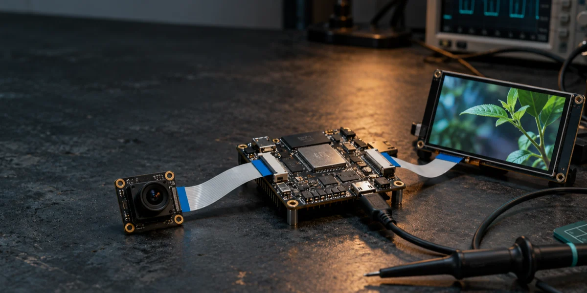 Camera, development board, display and test equipment illustrating ESP32-P4 imaging bring-up