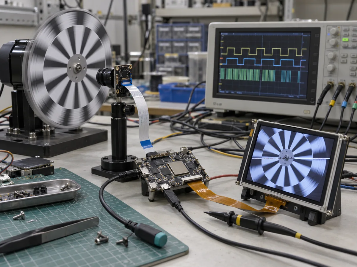 Illustrative camera, test target, development board, and display bring-up bench