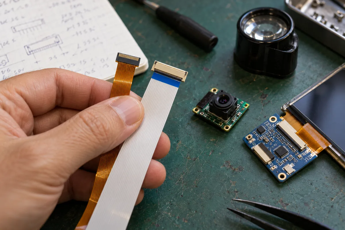 An engineer checks ribbon connectors beside a camera module and display board; interface-selection illustration, not an ESP32-P4 or ESP32-S3 test