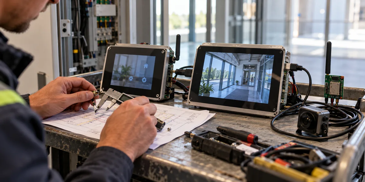 Generated embedded display, camera, and wireless design scene; not an ESP32 benchmark