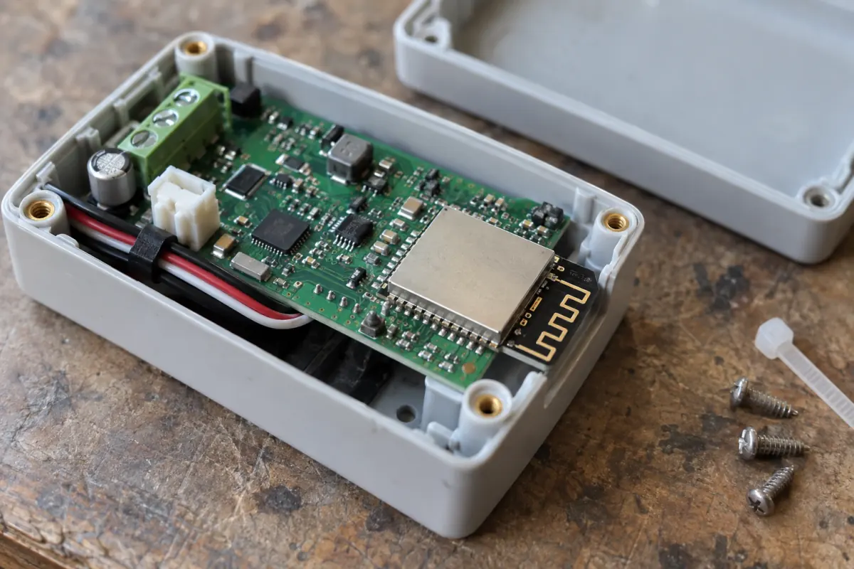 Illustrative PCB-antenna module near a carrier-board edge; the image does not show compliant 15 mm clearance or any RF test result