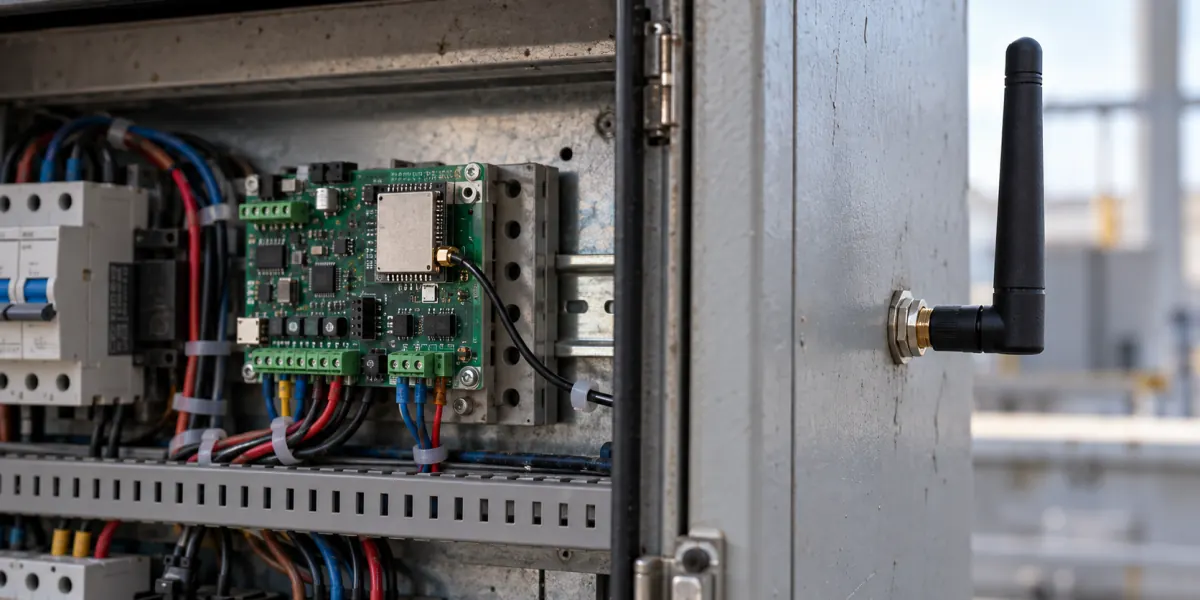Generated scene of an external-antenna option on a metal cabinet, not product test evidence