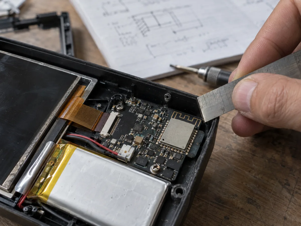 Illustrative product enclosure view with module antenna, display, and battery