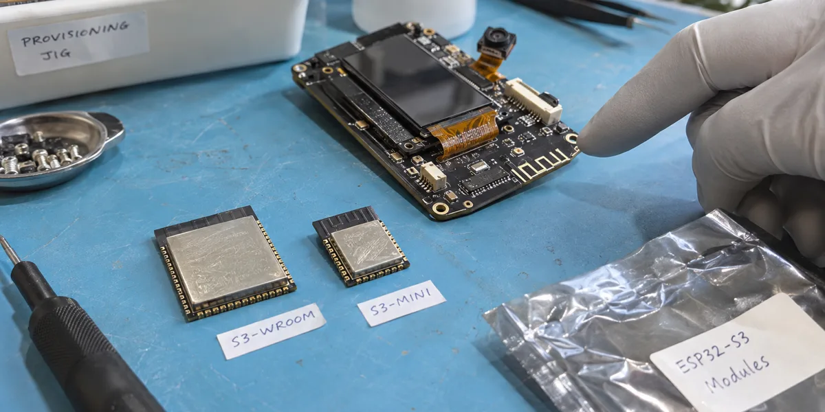 AI-generated ESP32-S3 module selection workbench scene, not a tested target-board photograph