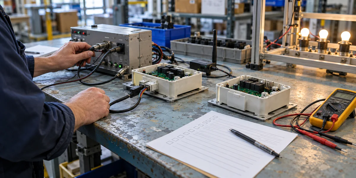 Illustrative prototype acceptance station with two open controller units, test equipment, and an inspection sheet; generated visual, not project evidence