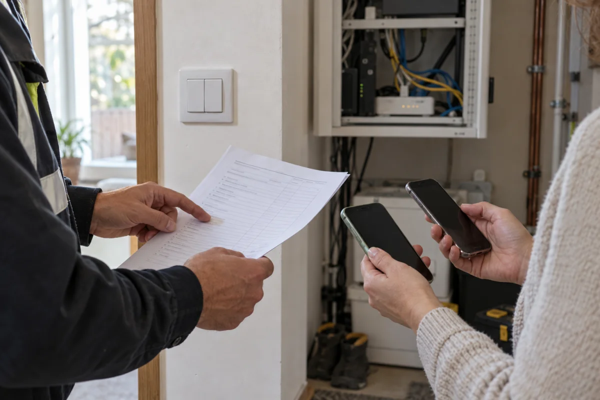 Illustrative handover discussion beside installed devices; the two phones do not represent a verified Joint Fabric integration