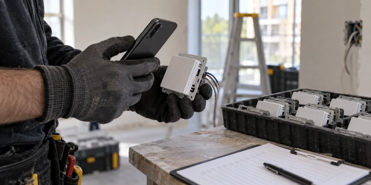 Installer holding a phone near a smart switch before installation, illustrating an NFC commissioning workflow