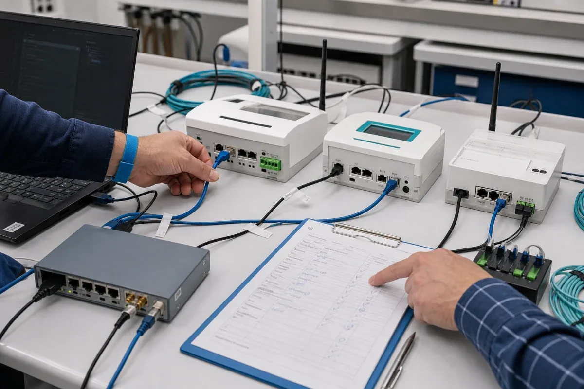 Lab engineers testing interoperability and failure recovery between smart-meter gateways and an LwM2M server