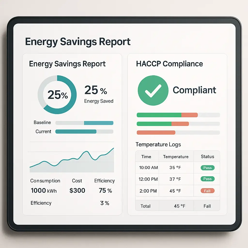 SaaS dashboard showing energy savings KPIs and HACCP compliance logs for refrigeration systems
