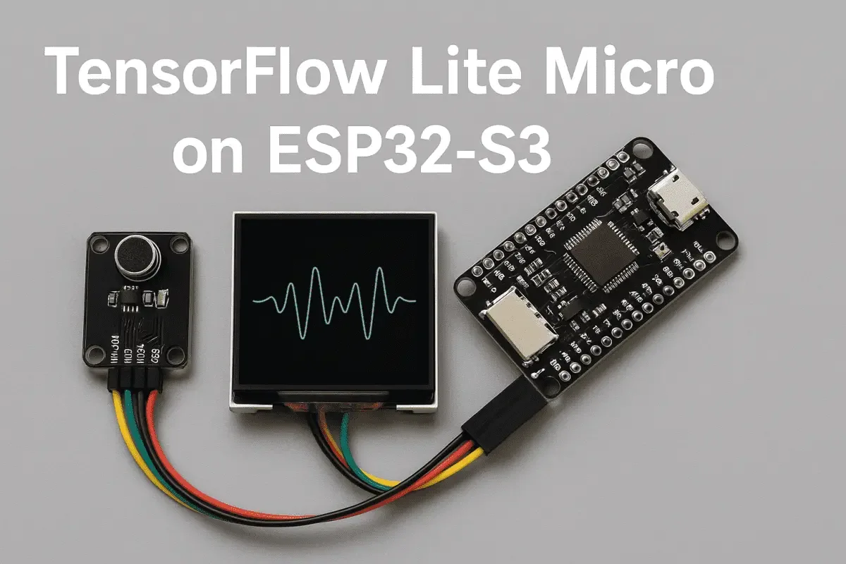 Illustration representing the integration of ESP32-S3 microcontroller and TensorFlow Lite Micro, highlighting edge AI capabilities such as wake word detection, sound classification, and embedded intelligence for IoT devices.