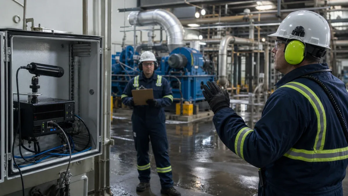 Engineers validating local speech recognition with real factory noise and field equipment
