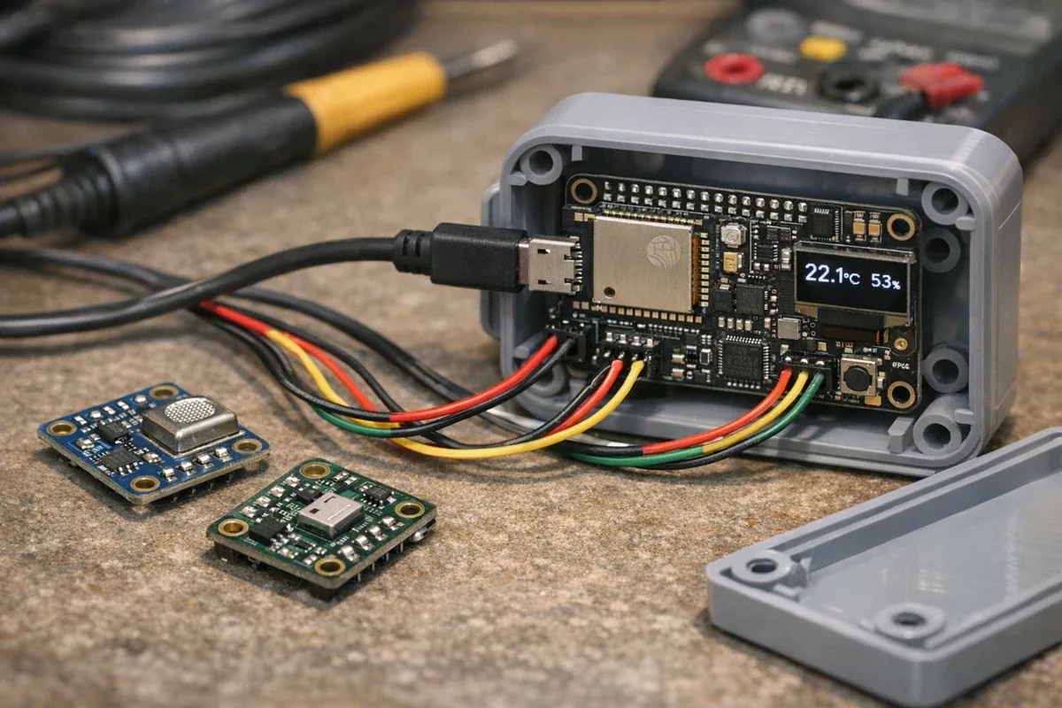 Actual ESP32 multi-sensor node wiring and enclosure relationship