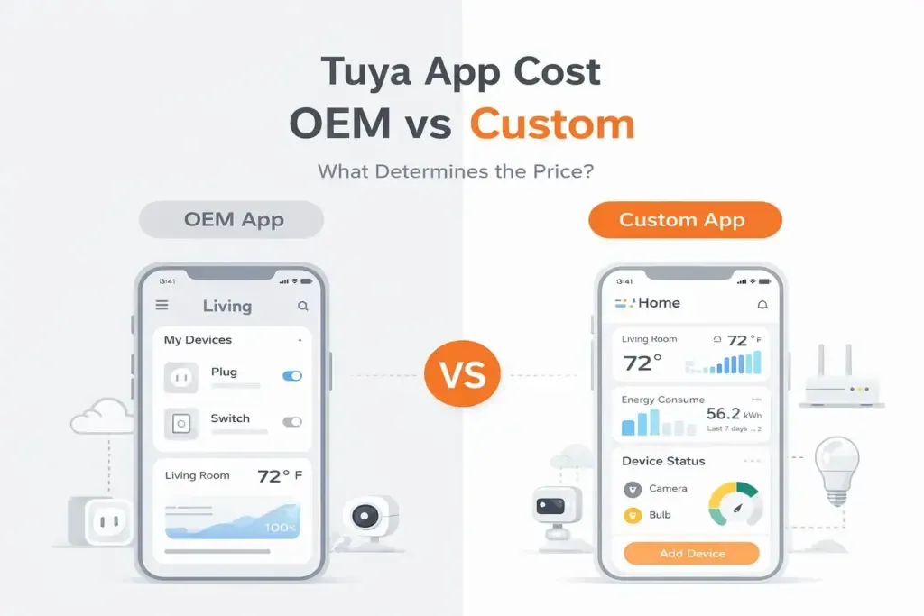Tuya app development cost comparison between OEM and custom apps showing differences in features, flexibility, and pricing structure