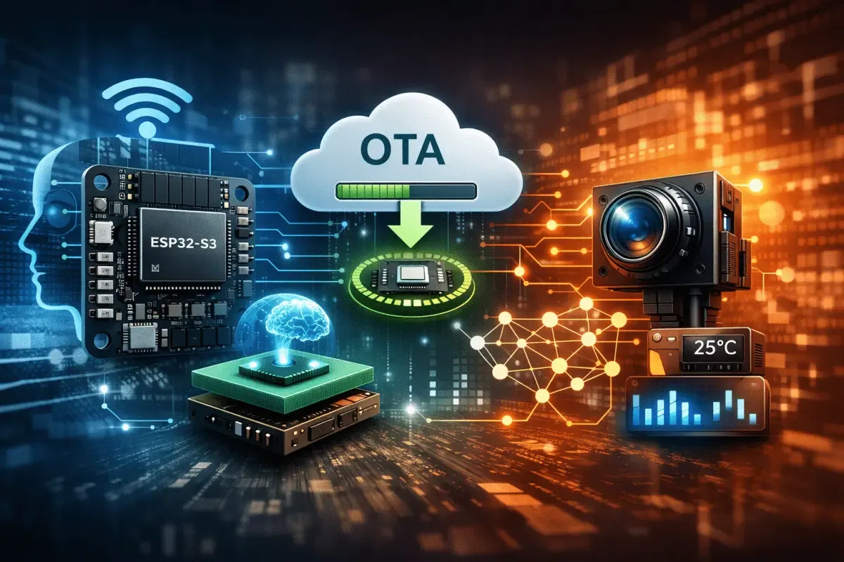 ESP32 edge AI firmware architecture with OTA and inference workflow