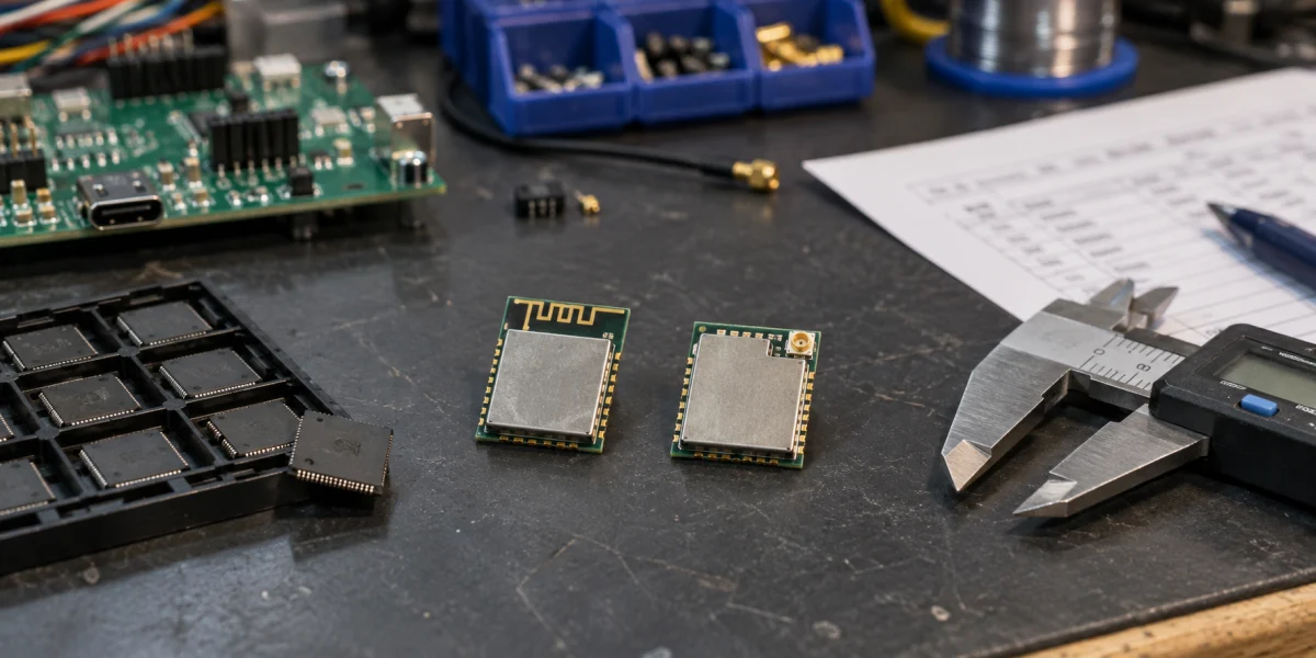 Engineer comparing an ESP32 chip, a PCB-antenna module, and an external-antenna module