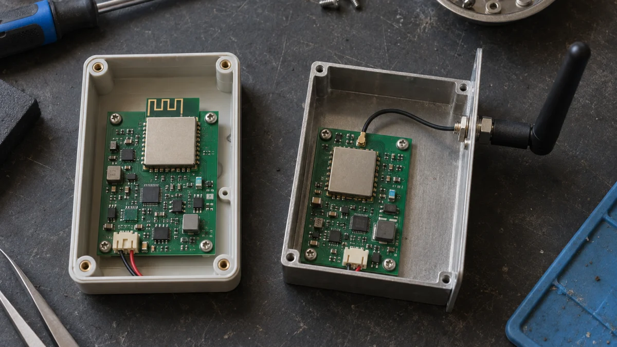 Illustrative PCB-antenna design in a plastic enclosure beside an external-antenna design in a metal enclosure