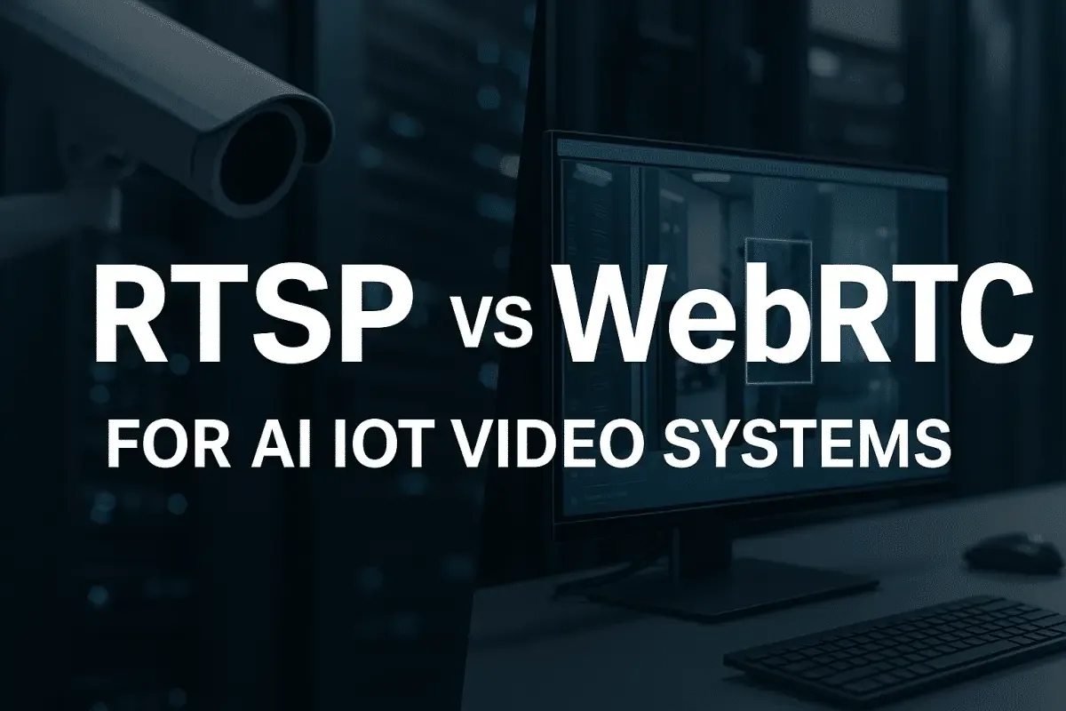 "Feature image illustrating RTSP vs WebRTC protocols in AI IoT video systems, showing how each impacts latency, real-time streaming, and edge AI performance."