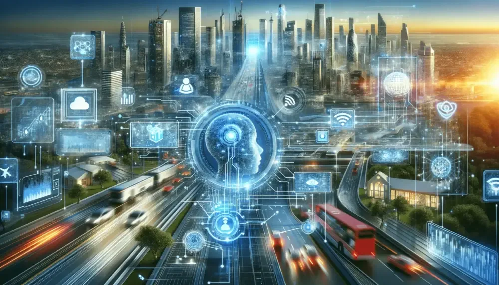 Futuristic landscape depicting evolving AI and IoT trends.