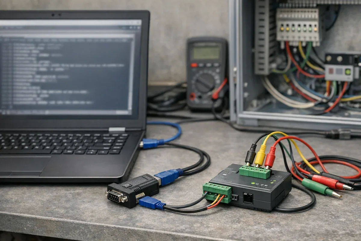 Serial and Modbus debugging bench with laptop, USB serial adapter and RS485 gateway