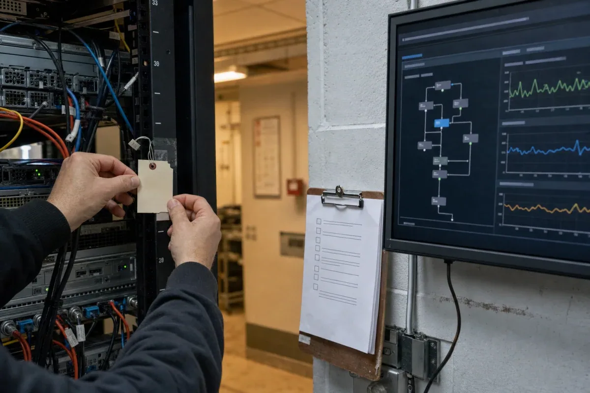 An operations team checking an AI workflow, service health, and a rollback checklist in production