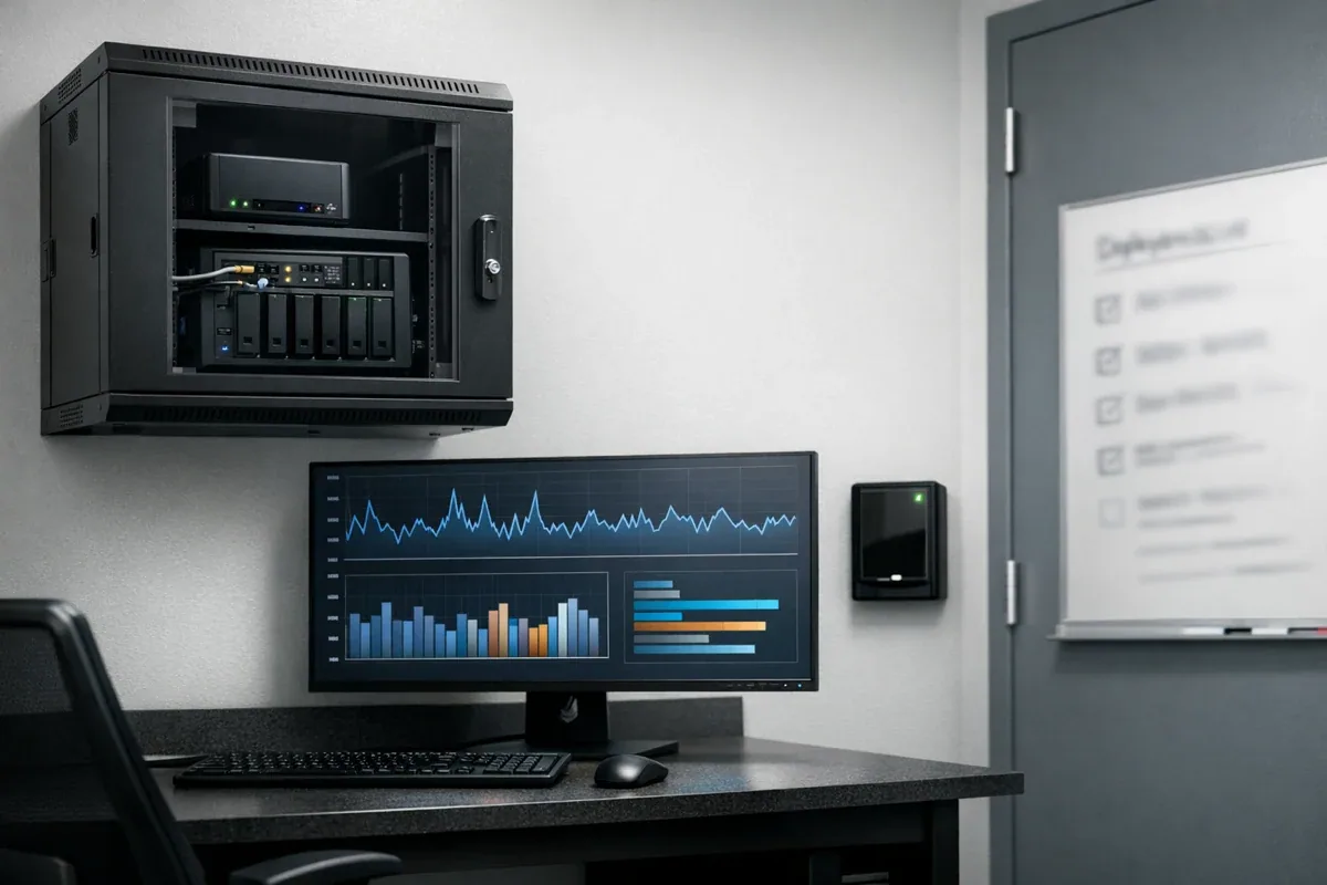 Private local AI operations room with small server cabinet and local inference dashboard