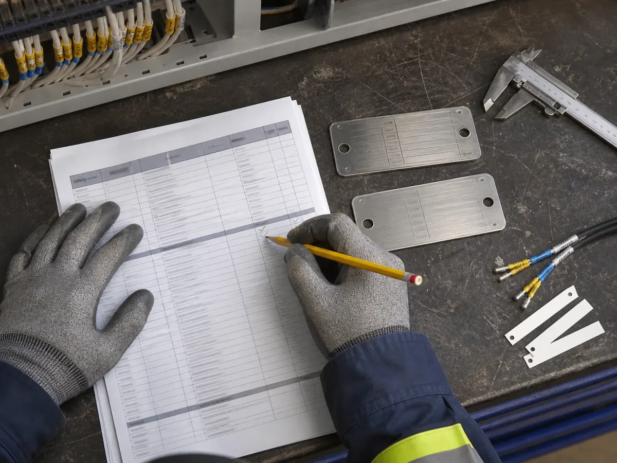 An engineer reconciles a point register with physical equipment and cable identifiers
