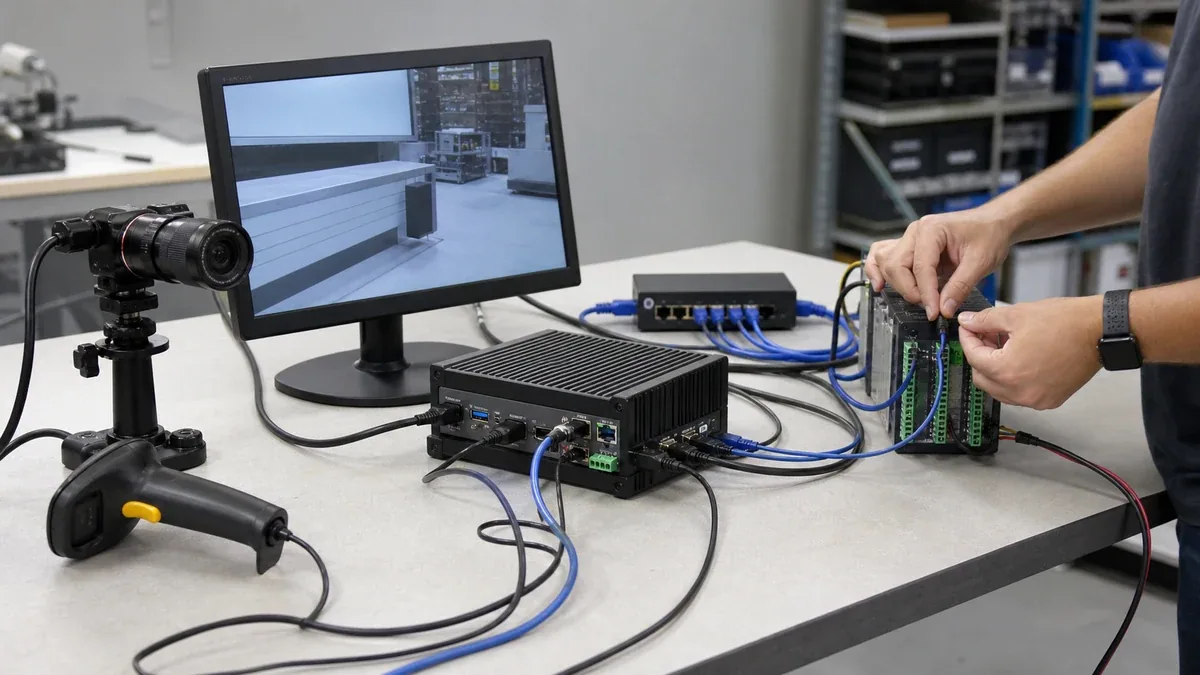 An edge AI box connected to a camera, display, and industrial peripherals during field testing