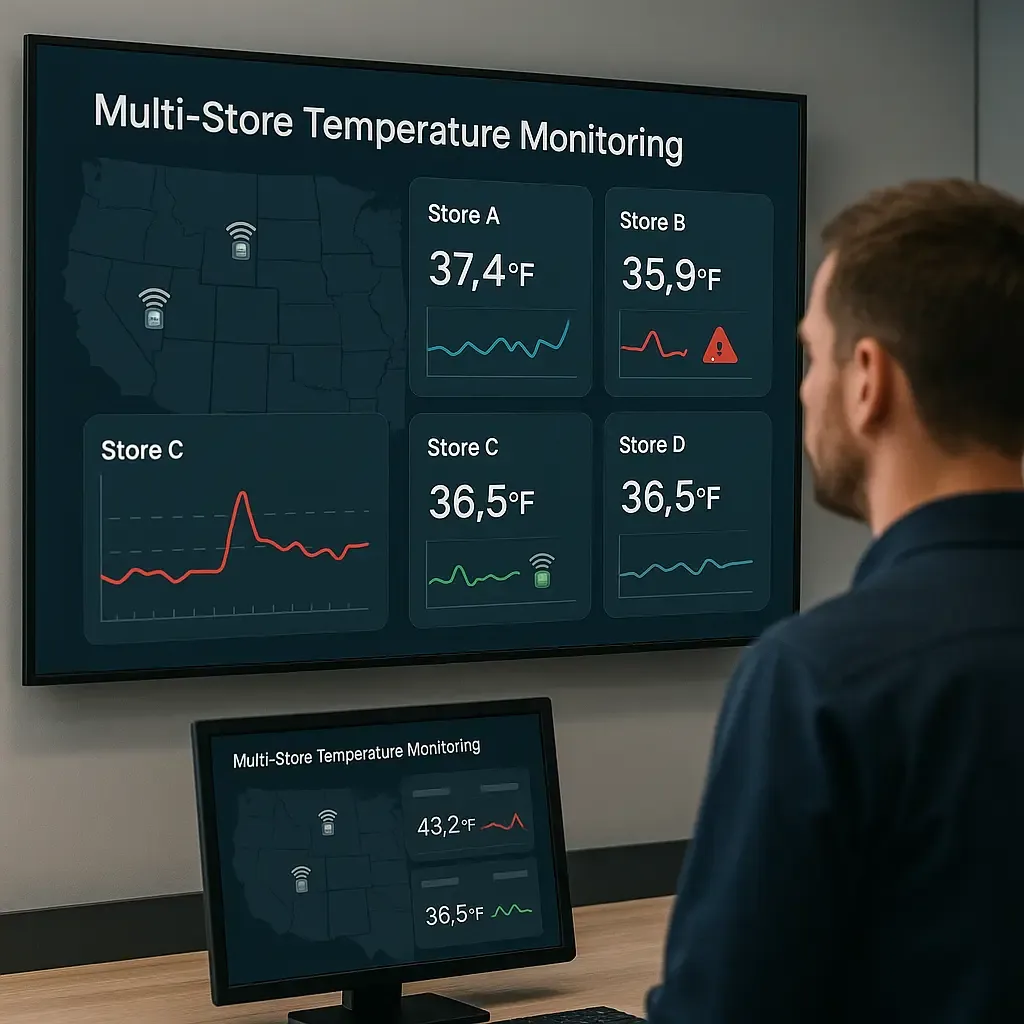Retail operations manager monitoring multi-store refrigeration dashboard with temperature charts and alerts
