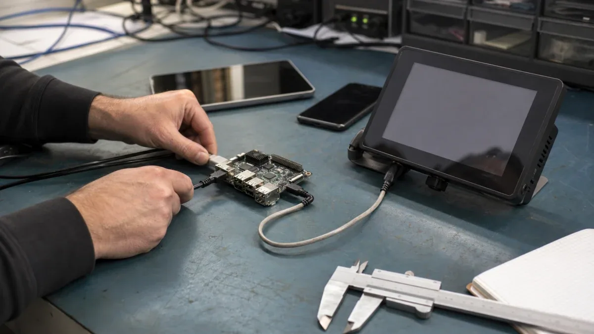 A product team independently testing development boards, an industrial panel, and mobile devices