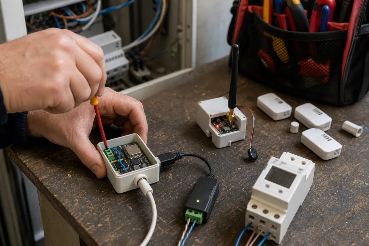 ESP32 bridge node, RS485 adapter, and wireless gateway installed in a home utility cabinet