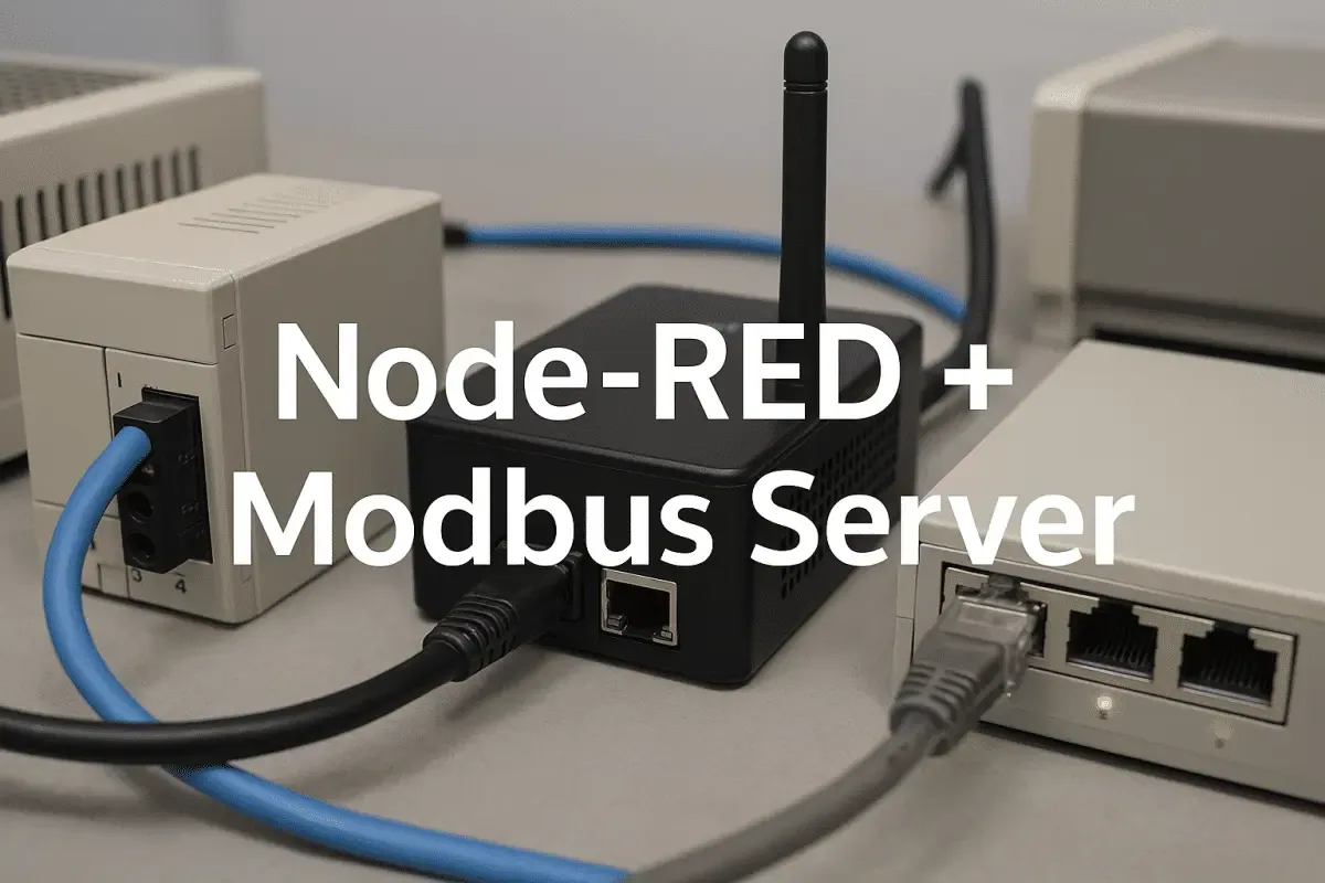 Illustration of an industrial data pipeline using Node-RED to host a Modbus Server, parse device registers, and forward telemetry to an MQTT broker.