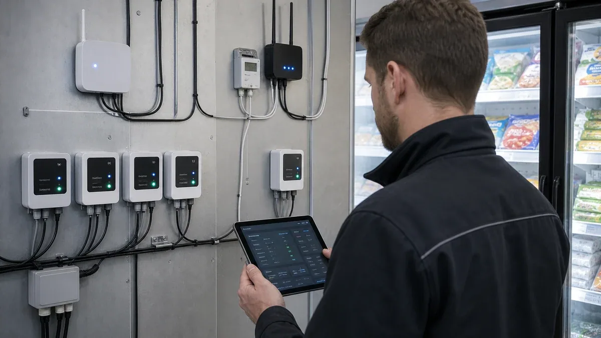 A technician reviewing multiple refrigeration controller statuses during maintenance