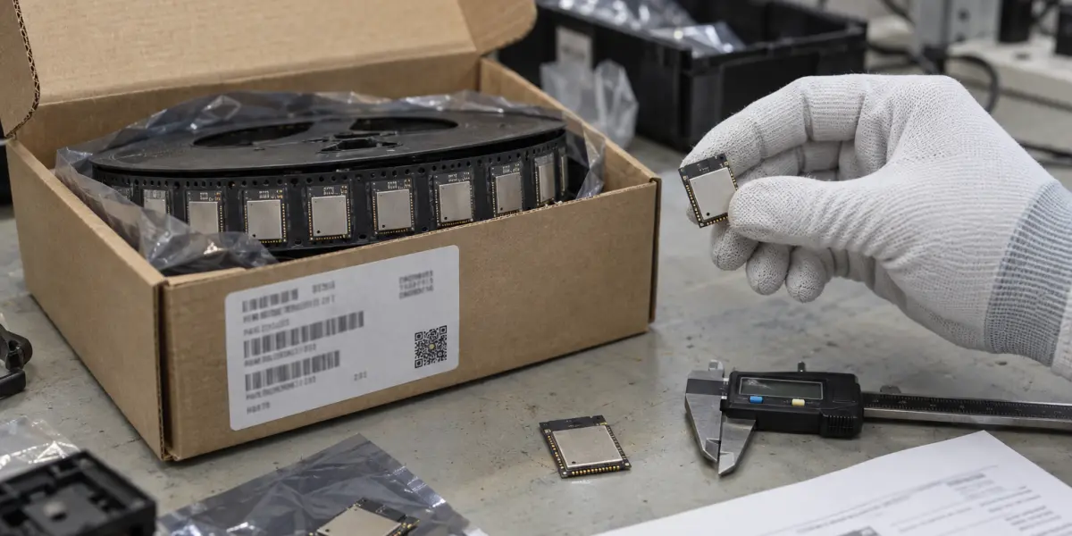 Engineer verifying an ESP32 module part number against a package label and datasheet