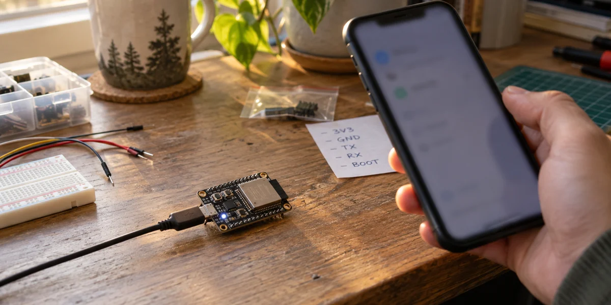 ESP32 development board beside a phone in an illustrative gadget prototype scene; not a tested Muse device