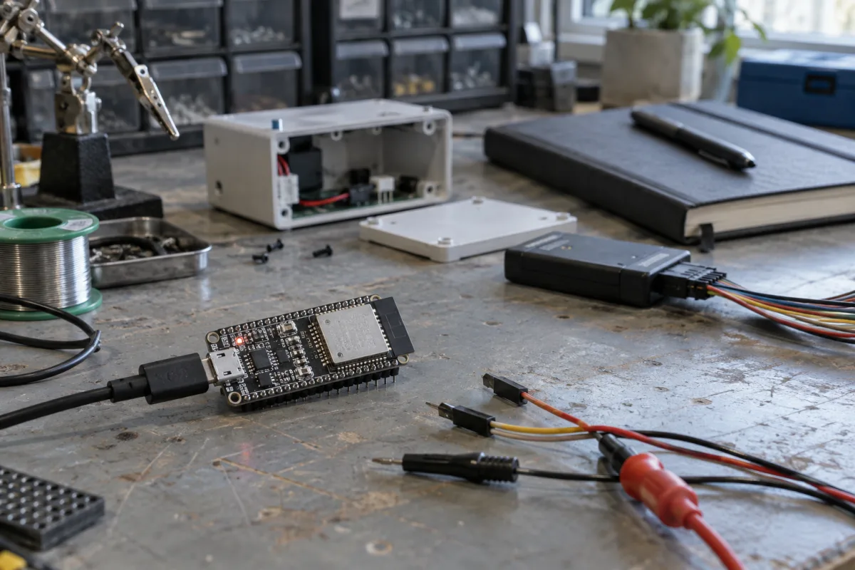 Illustrative prototype board, unfinished enclosure, and debug tools; not evidence of a tested Muse device
