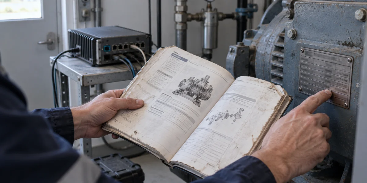 Maintenance technician reviewing equipment manuals in an illustrative workshop scene; not a field test